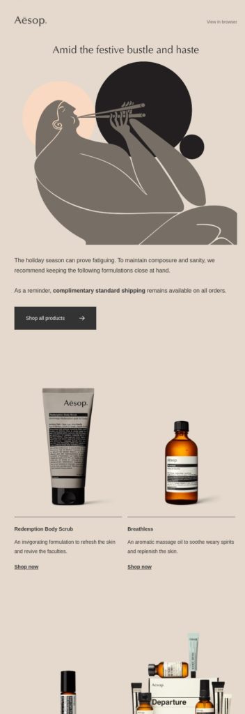 Black Friday email example by Aesop with product information