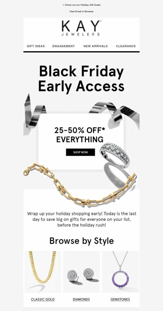 Black Friday marketing email for a Flash sale by Kay Jewelers. It shows silver and gold necklaces and says "20-50% off everything". 