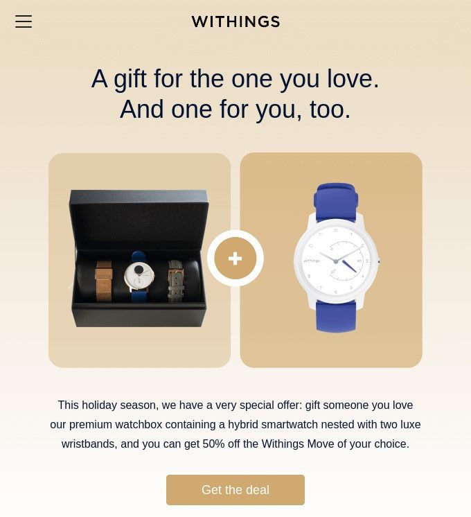 Christmas newsletter idea: Holiday email example by Withings offering a discount for multiple items bought together