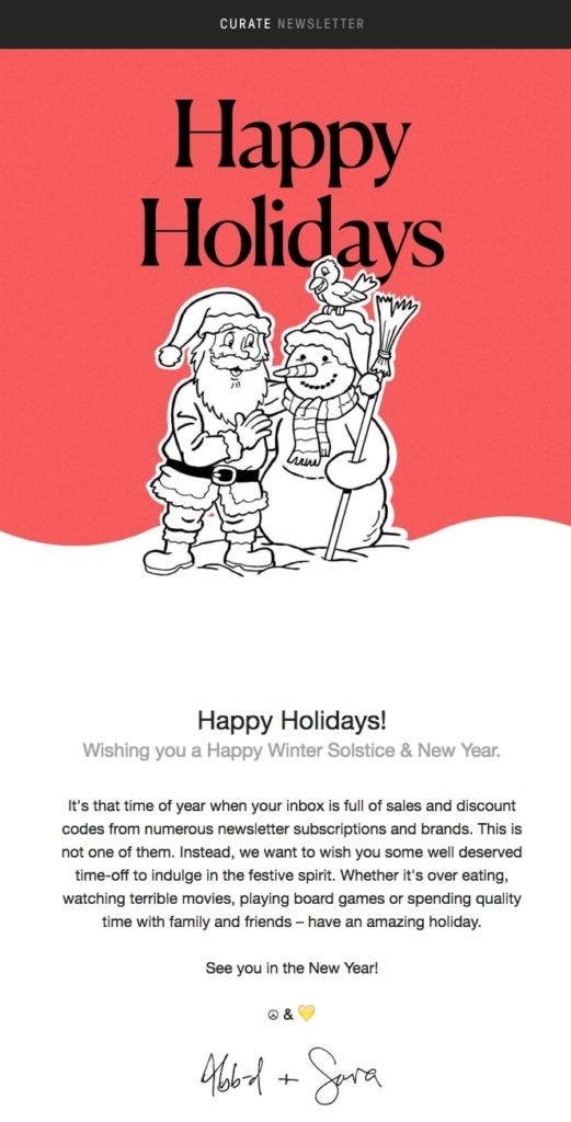 Happy Holidays email newsletter from Curate Labs. The email is red with a white cutout snowman and Santa hugging. 