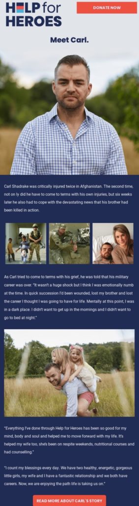 Example of a charity email by Help for Heroes that uses storytelling