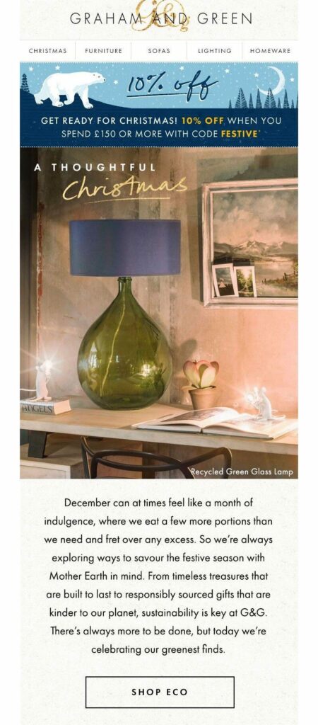 Environmentally friendly holiday marketing by Graham and Green showing a holiday lamp made from recycled and sustainable materials. 