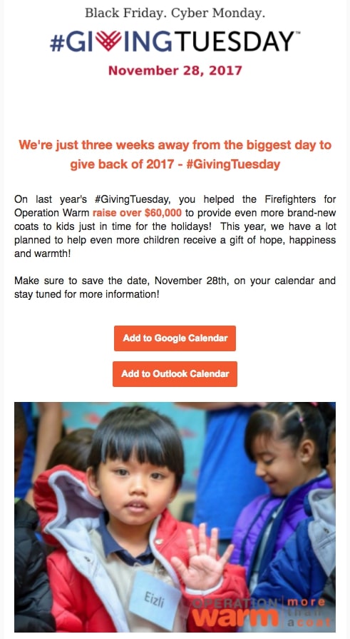 Giving Tuesday email example by Operation Warm with a "save the date" CTA