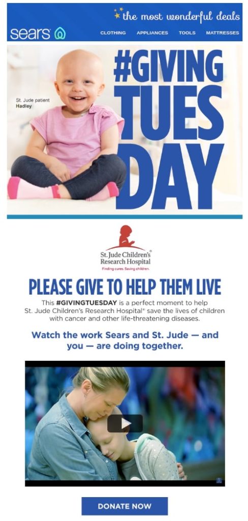 Giving Tuesday email example by company Sears with a video promoting their charity partnership