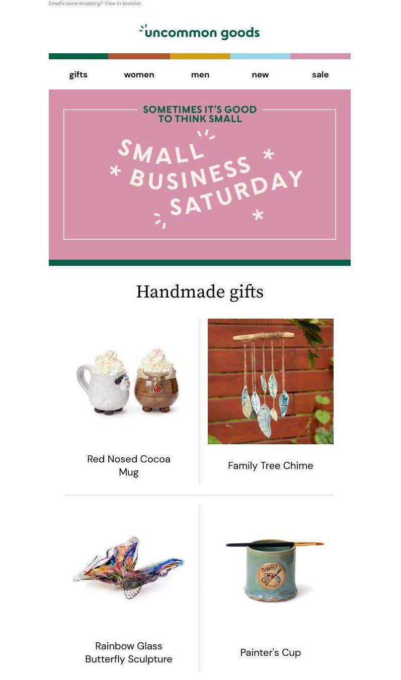 Small business Saturday email showing handmade gifts. 