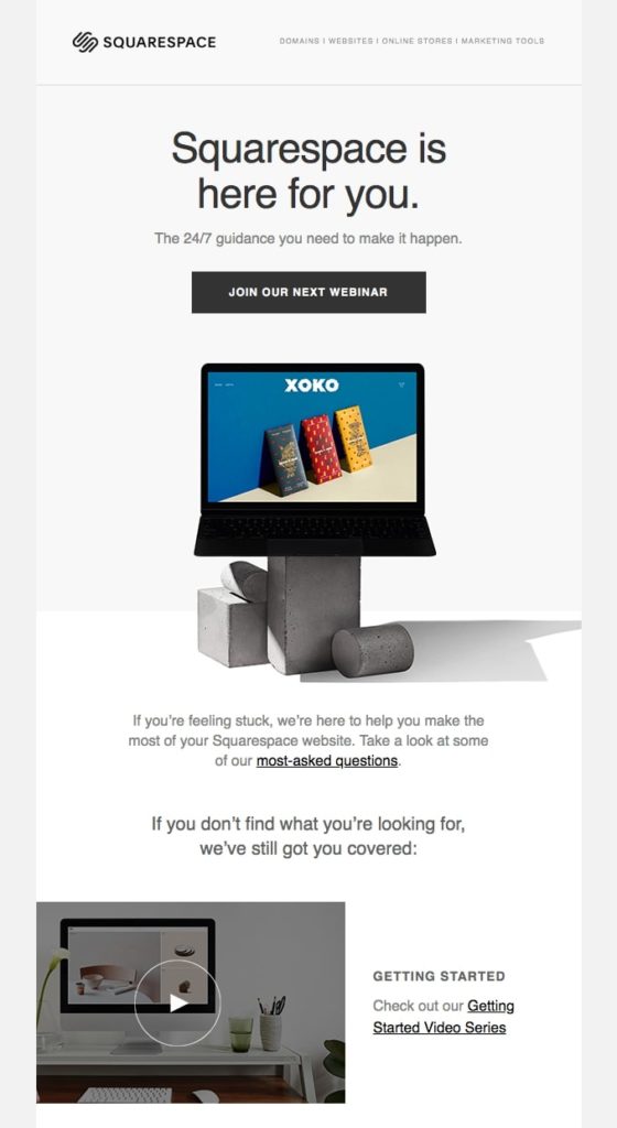 Email by Squarespace offering support to increase product engagement