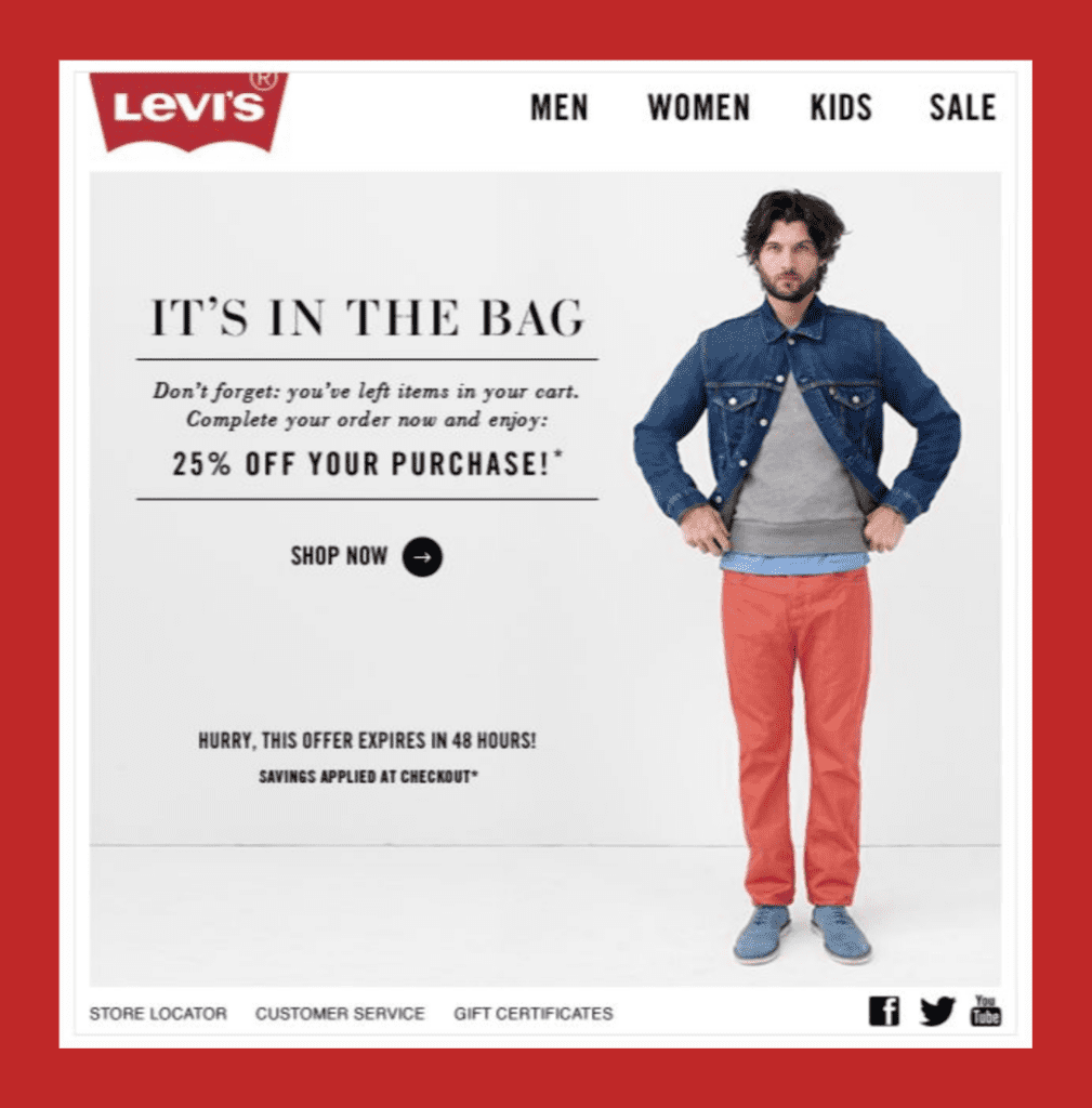 Abandoned cart email example by Levi's