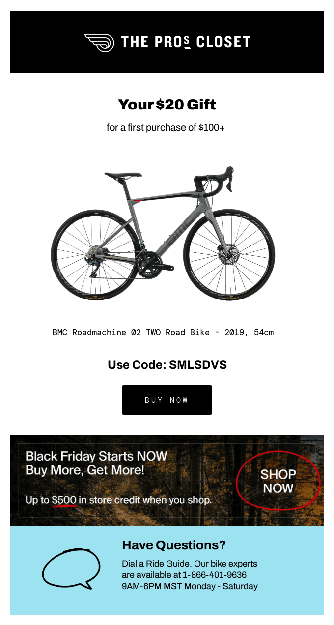 A Black Friday marketing idea shows a promotion for getting in-store credit when purchasing a bicycle. There is a bicycle with a call to action button that says "buy now". Below that is says "up to $500 in store credit". 