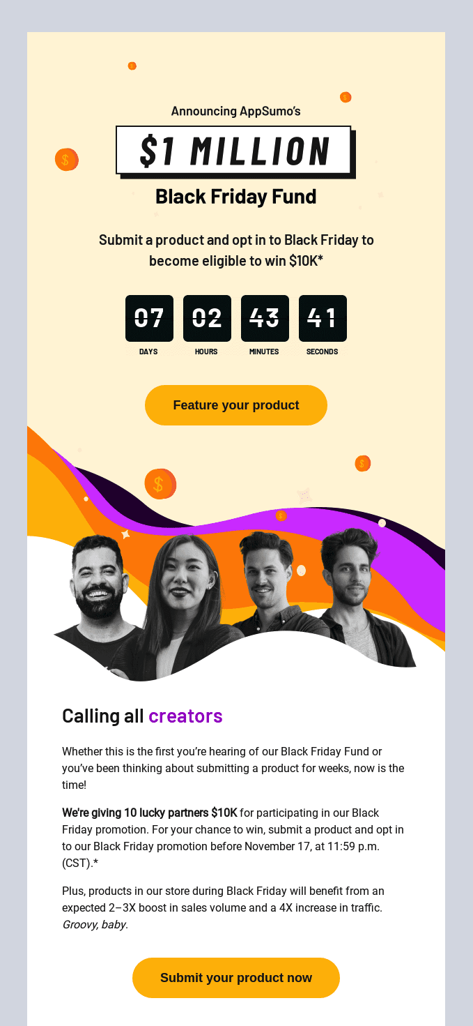 A Black Friday marketing idea is to run a contest. This image shows a Black Friday prize pool fund with a countdown to enter. under the countdown there is a yellow CTA button with the words "feature your product". Below that is an image of artists and creators. This is a contest for digital artists to win a cash prize for Black Friday. 