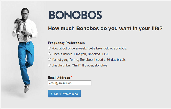 Example of a subscriber preference form by Bonobos for segmentation by email frequency 