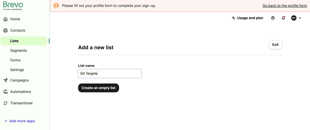 Screenshot of naming field for new lists on Brevo (formerly Sendinblue)'s platform.