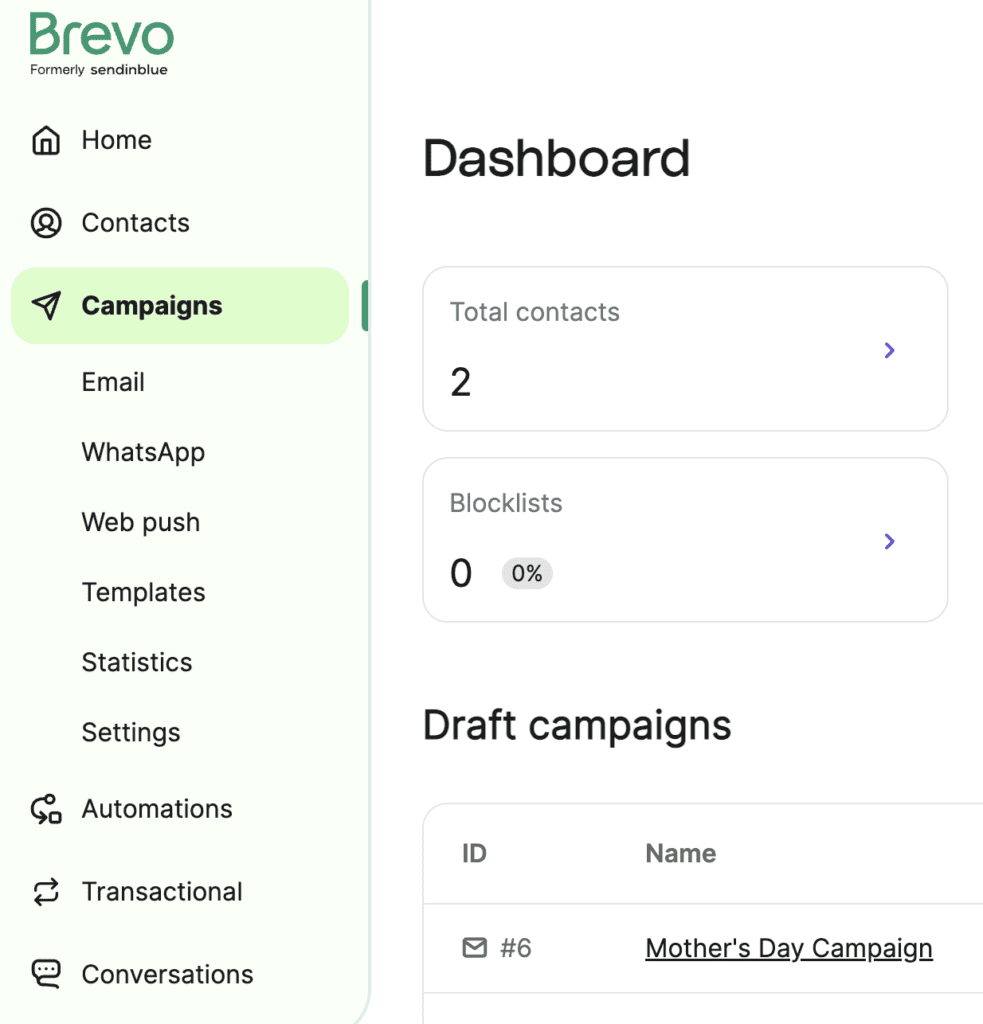 Brevo email marketing dashboard showing number of contacts. 