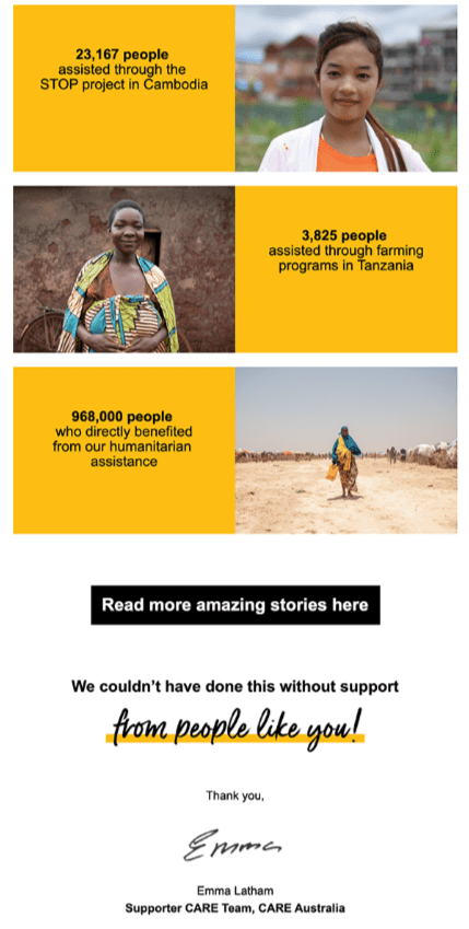 Example of a thank you email to donors by the charity CARE sharing real stories