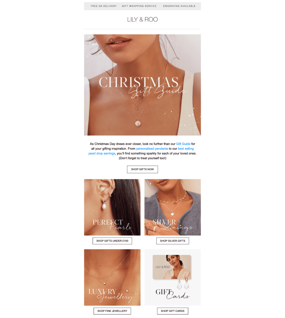 A business Christmas email example showing a gift guide.