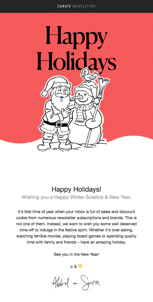 Christmas email example with Santa Claus hugging a snowman on a red background. 