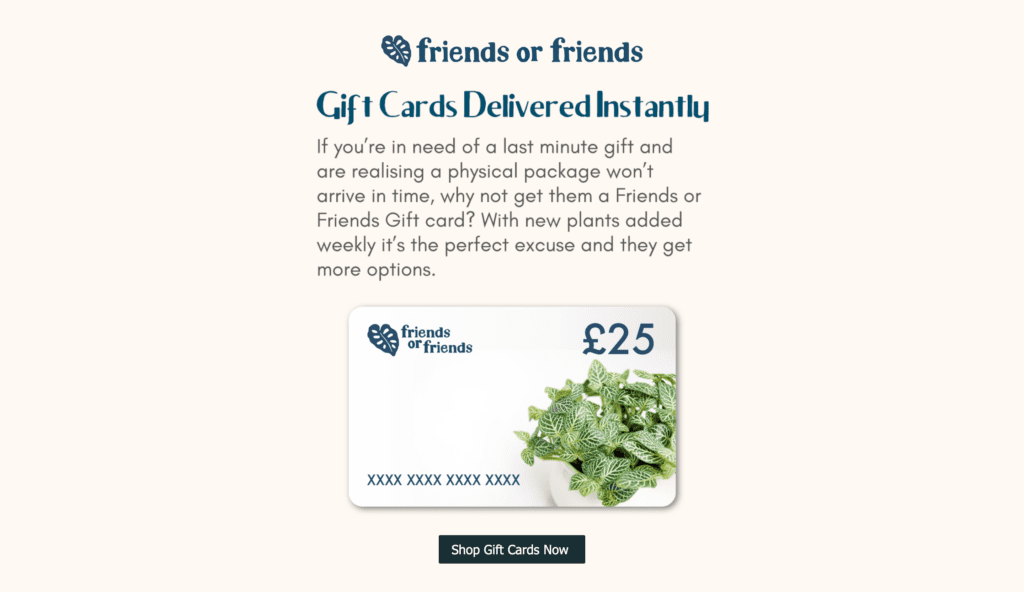 Christmas email example for last-minute gift cards by Friends or Friends.