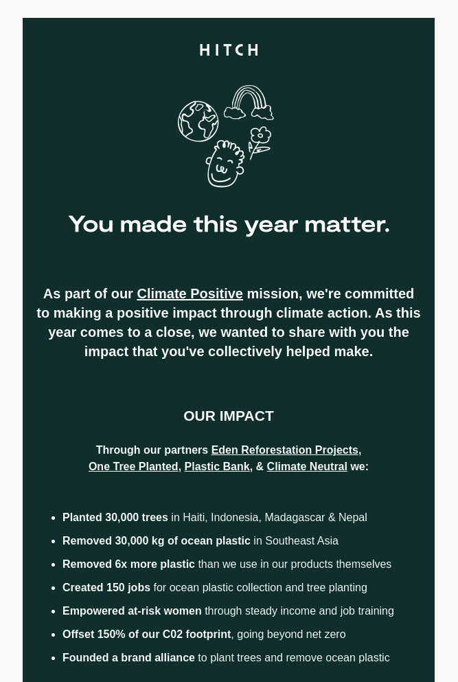 a Christmas email example showing end of year achievements for an environmental company. 