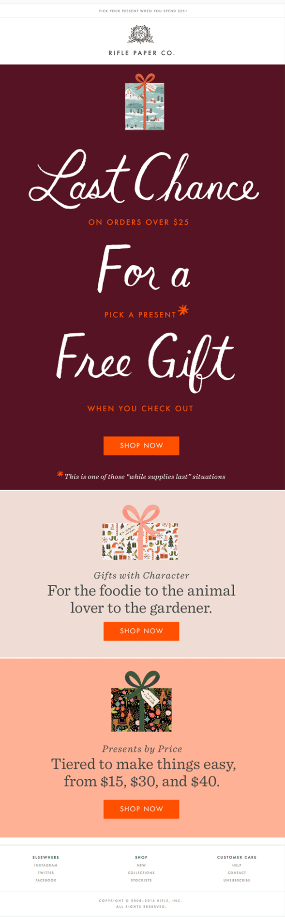 Holiday email for business by Rifle Paper co offering a free gift. The email is red with presents on it and white cursive writing that says "Last chance for a free gift". 