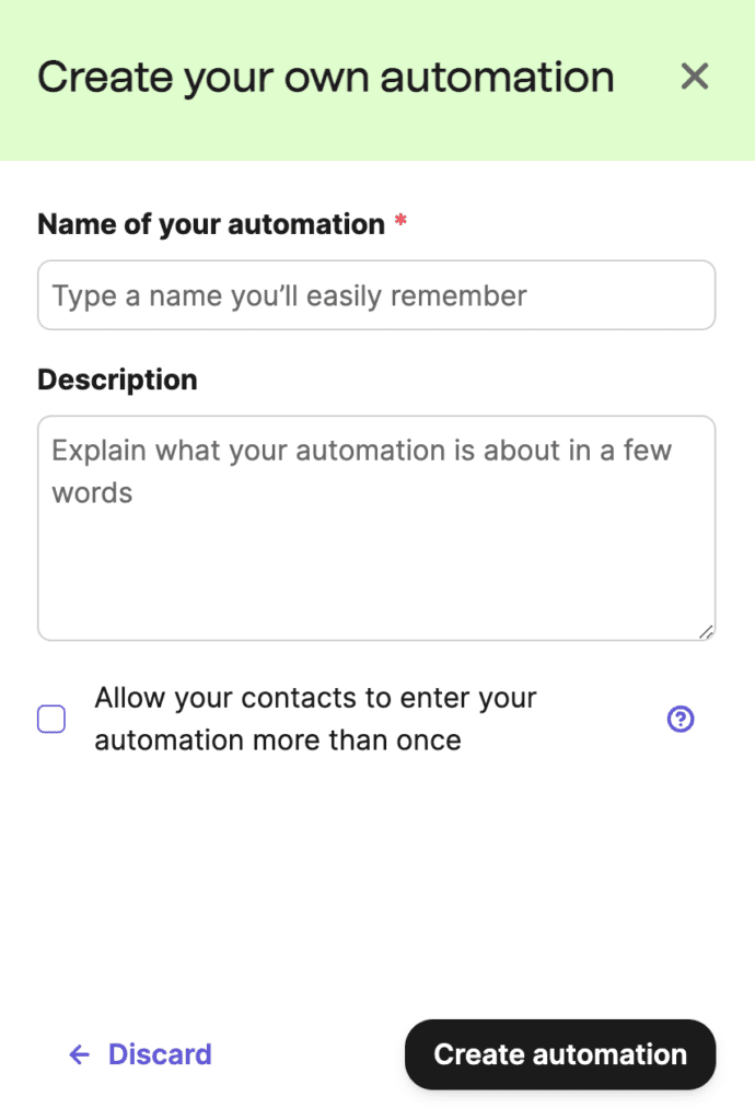 Create your own email automation window on Brevo asking for name of the automation and description.