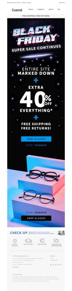 Holiday marketing ideas for Black Friday. This idea shows an email with 40% off glasses. 