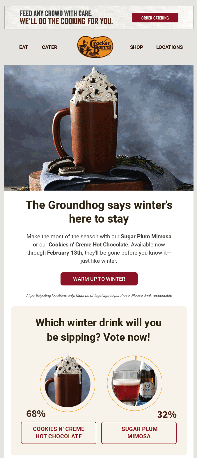 Holiday marketing campaign by Cracker Barrel that shows a holiday drink and a poll for people's favorite drink.