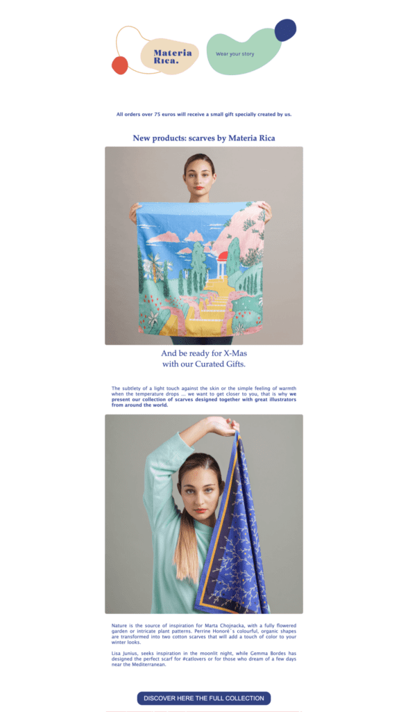 A holiday marketing email with ideas for the perfect gift, in this case silk scarves. 