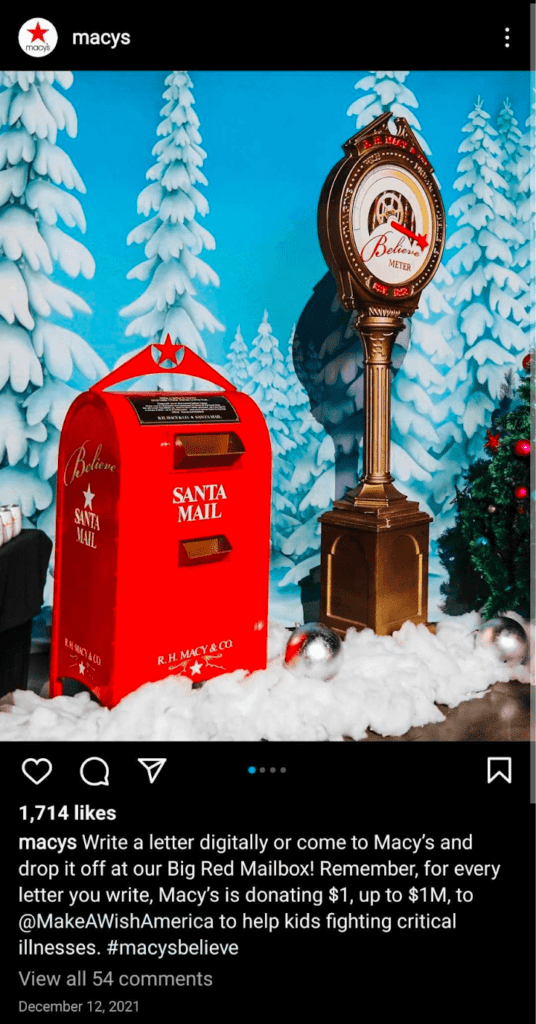 Festive advertising ideas by Macy's. This shows a social media post by Macy's with a mailbox to Santa in a snowy forest asking for charity donations.