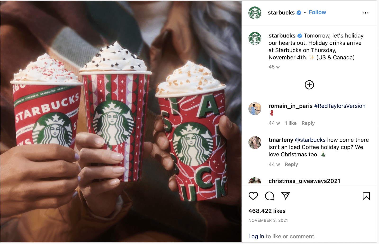 This holiday marketing social media post by Starbucks shows three red coffee cups with Christmas colors. 