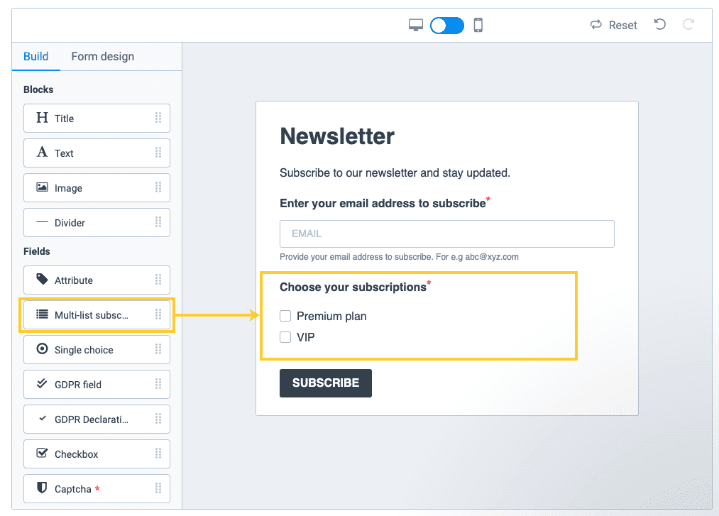 An example of Brevo (ex Sendinblue)’s multi-list subscription form