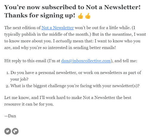 "Thank you for subscribing" email by Not a Newsletter that asks contacts for more information