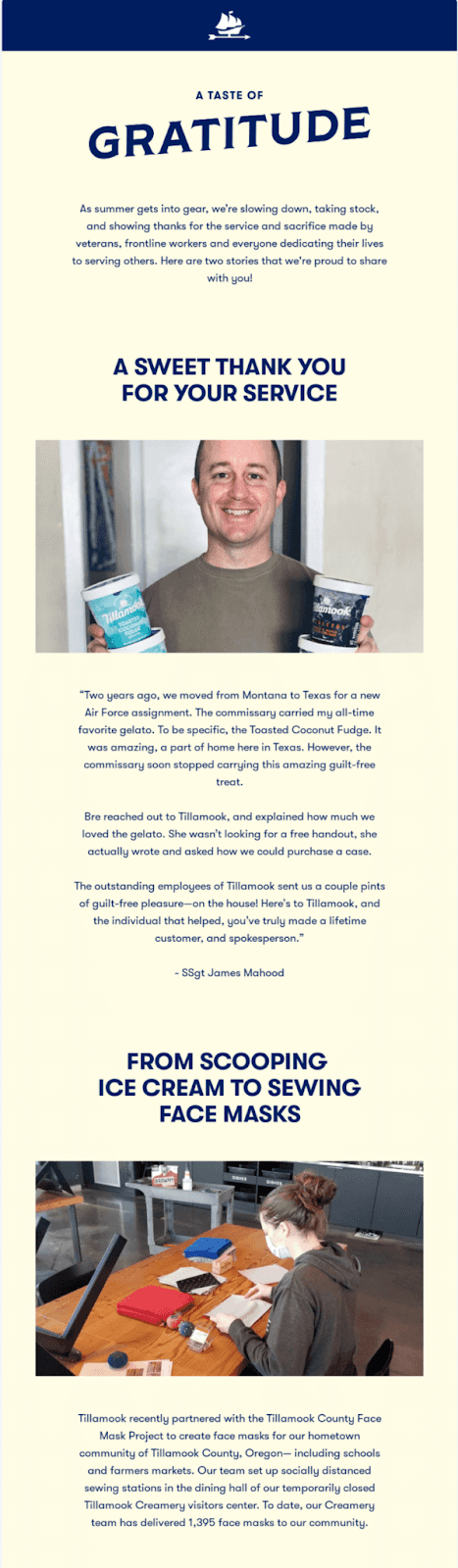 This email shows a small business Saturday idea in action. It is an email that thanks customers for their loyalty and shows the ice cream brand's dedication to the community. 