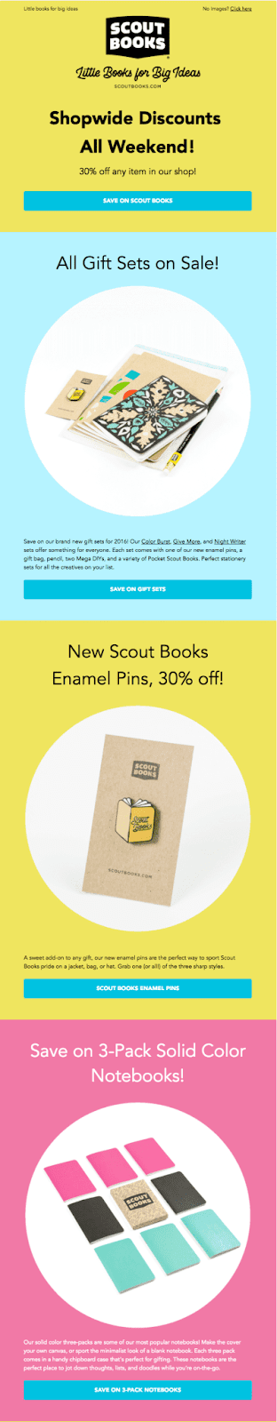 This Small Business Saturday idea shows an email campaign from Scout Books promoting a site-wide 30% off weekend sale.