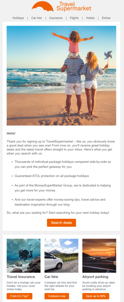 Welcome email example by TravelSupermarket.