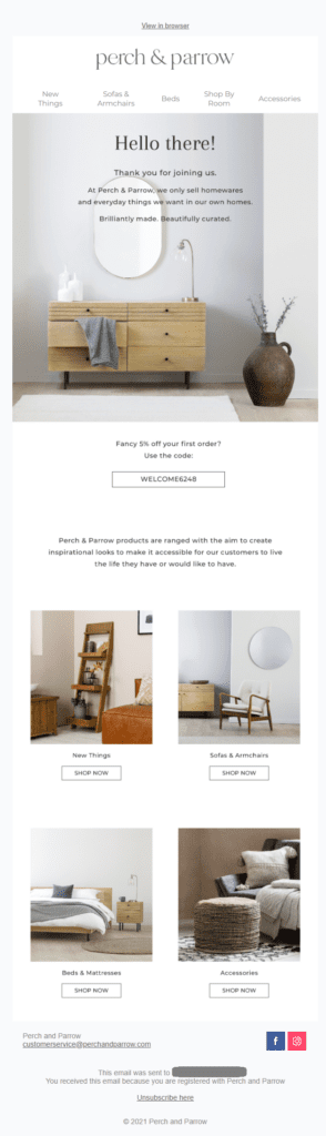 Welcome email example by Perch & Parrow showing their product catalog