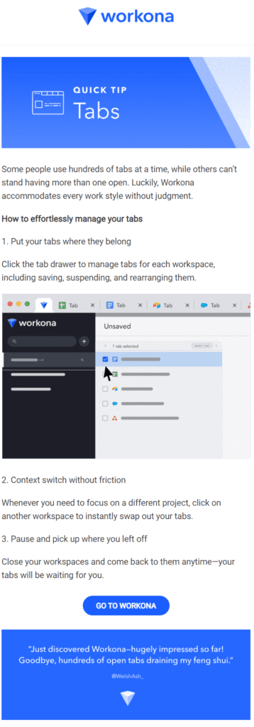 The second onboarding email in Workona's welcome series
