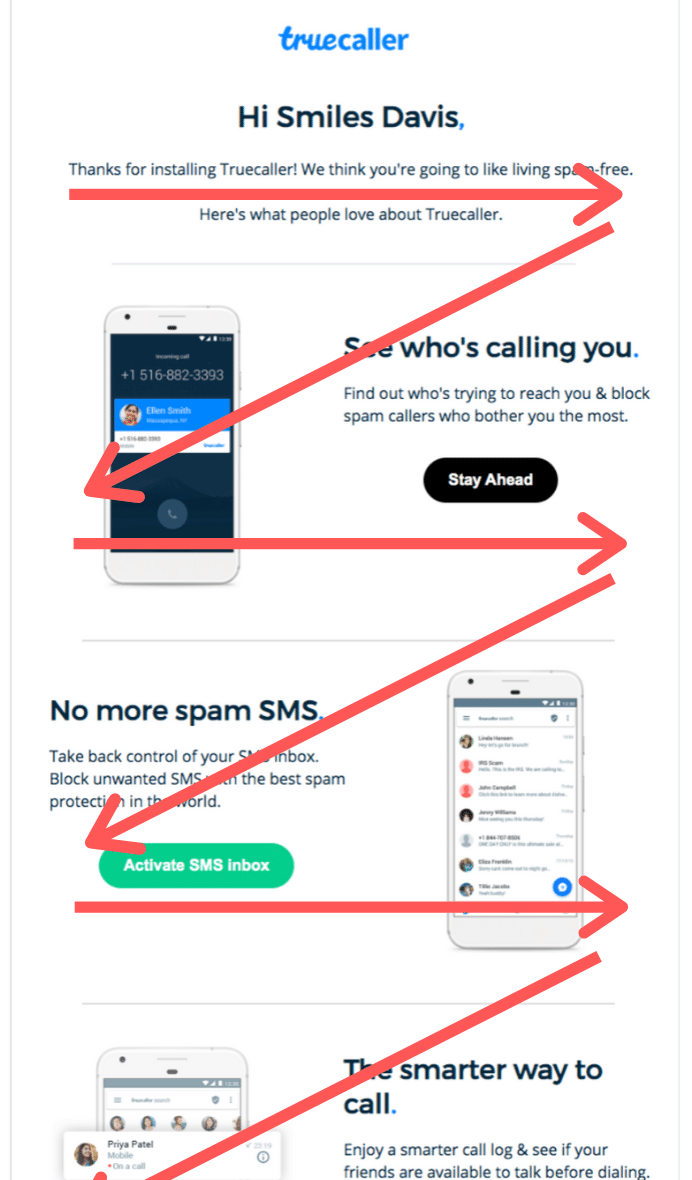 Email example from Truecaller with arrows indicated the Z pattern of content